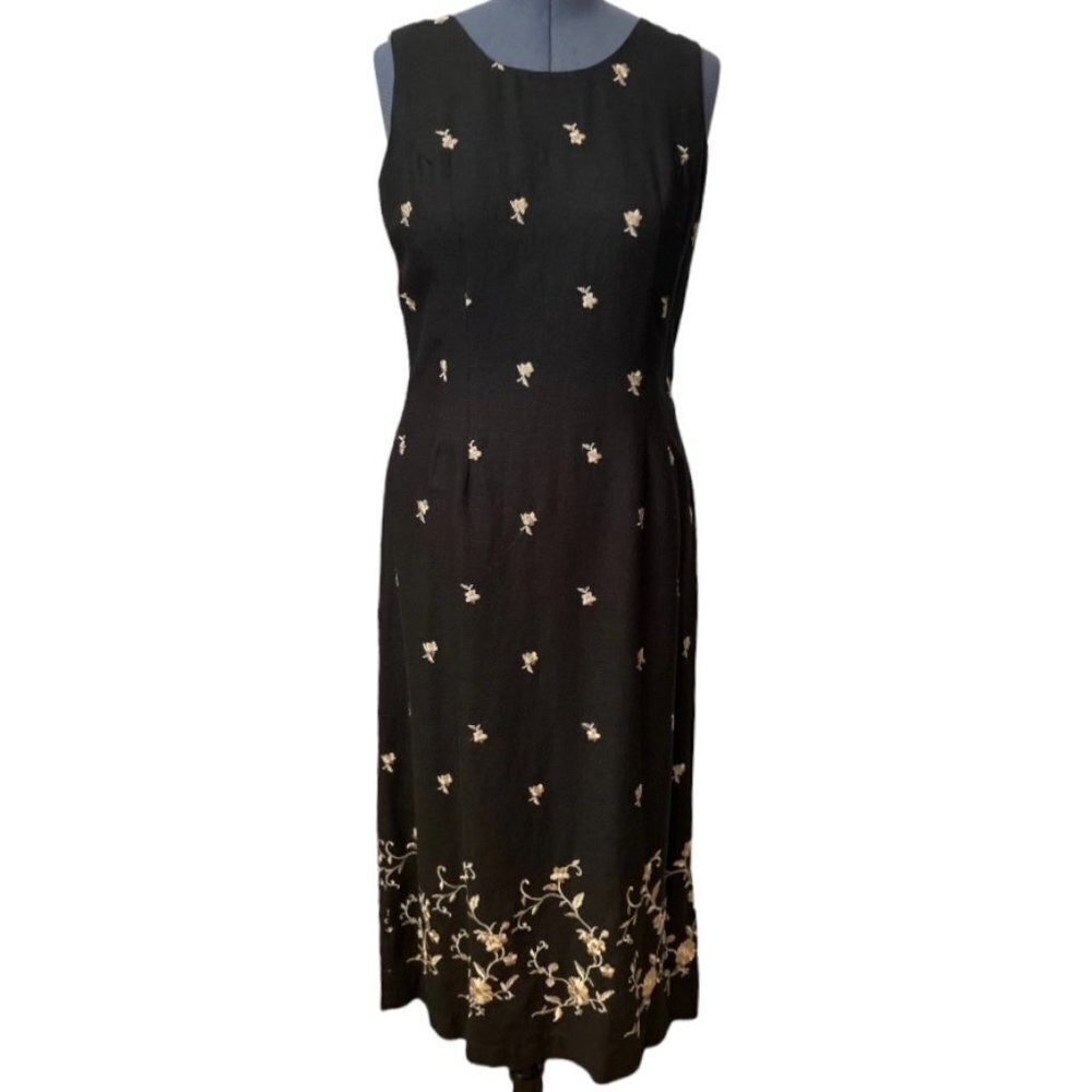 Vintage JACK MULQUEEN NY Women's Size 14 Black Linen Sheath Dress Tan Embroidery